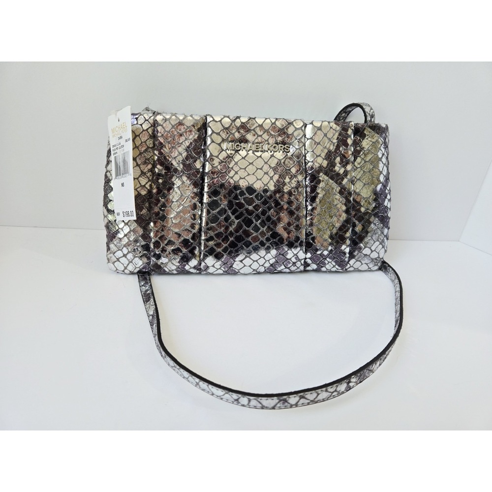 NWT Michael Kors‎ Daria Pleated Clutch Purse Crossbody Leather silver Snakeskin